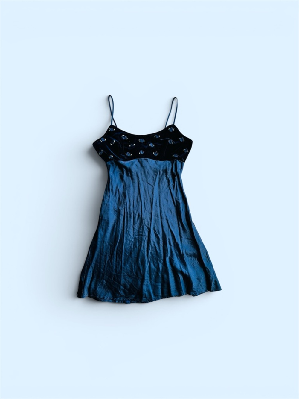 Gorgeous Vintage Y2K Blue Slip Dress Velvet and Rayon With Blue Roses on Bust 4